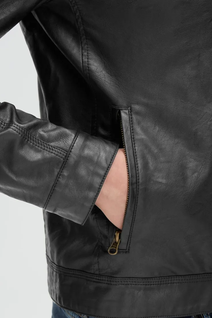 Jacke aus Kunstleder mit abknöpfbarer Sweatkapuze black / black