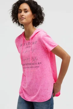 Kapuzenshirt mit Ausbrenner-Effekten und Artwork neon magenta | S