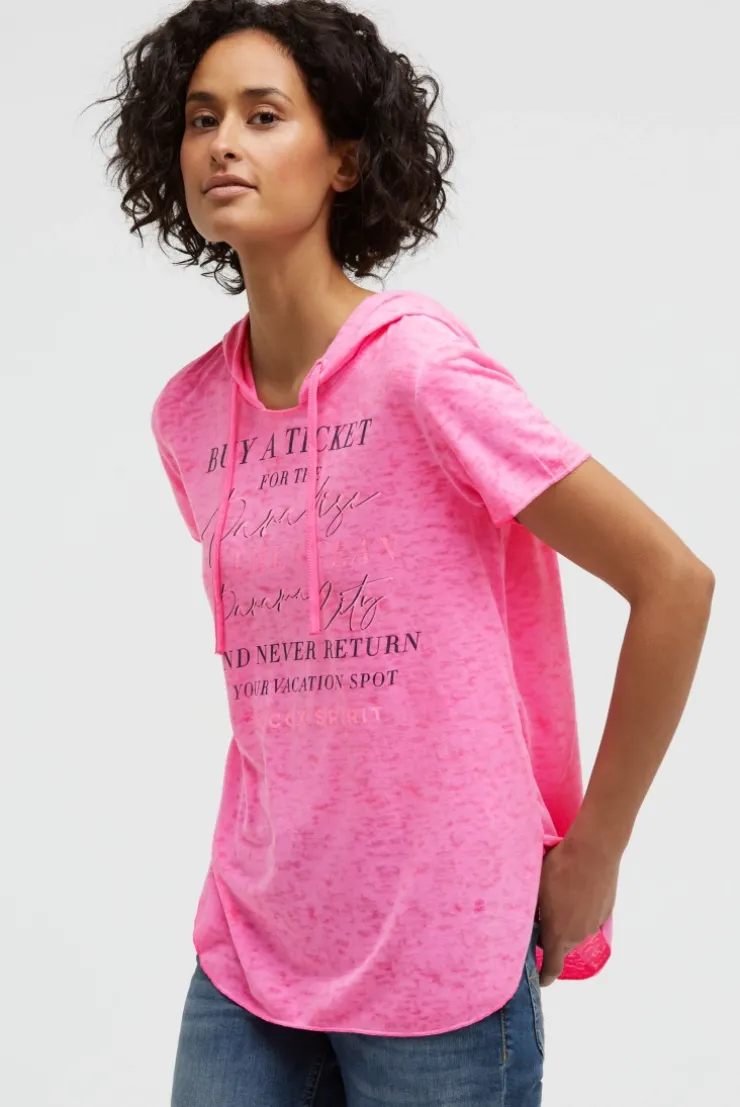 Kapuzenshirt mit Ausbrenner-Effekten und Artwork neon magenta | S