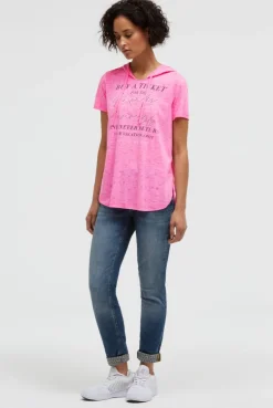 Kapuzenshirt mit Ausbrenner-Effekten und Artwork neon magenta | S