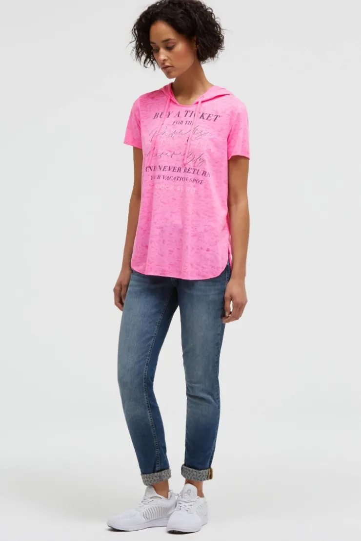 Kapuzenshirt mit Ausbrenner-Effekten und Artwork neon magenta | S