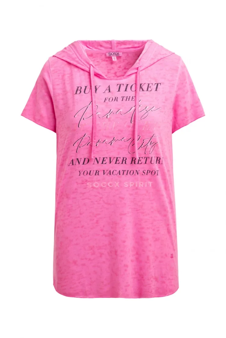 Kapuzenshirt mit Ausbrenner-Effekten und Artwork neon magenta | S
