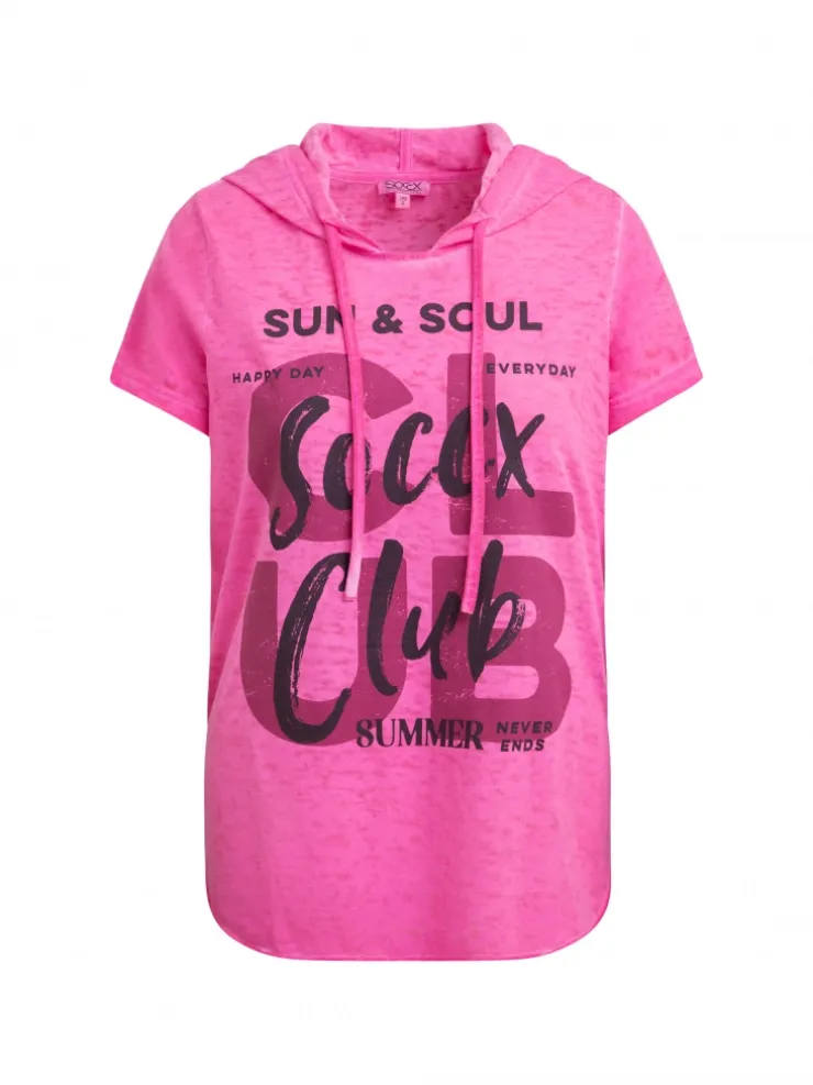 Kapuzenshirt mit Ausbrenner-Effekten und Print vivid pink