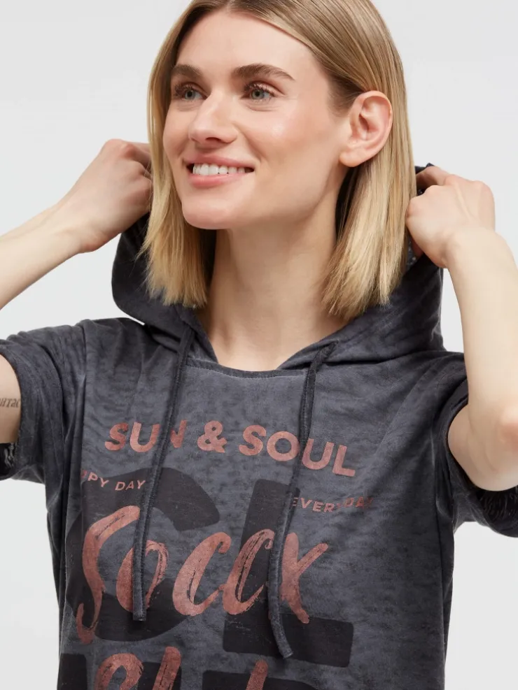 Kapuzenshirt mit Ausbrenner-Effekten und Print charcoal mist