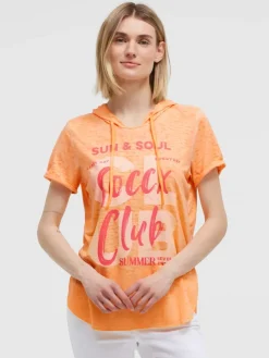 Kapuzenshirt mit Ausbrenner-Effekten und Print neon apricot