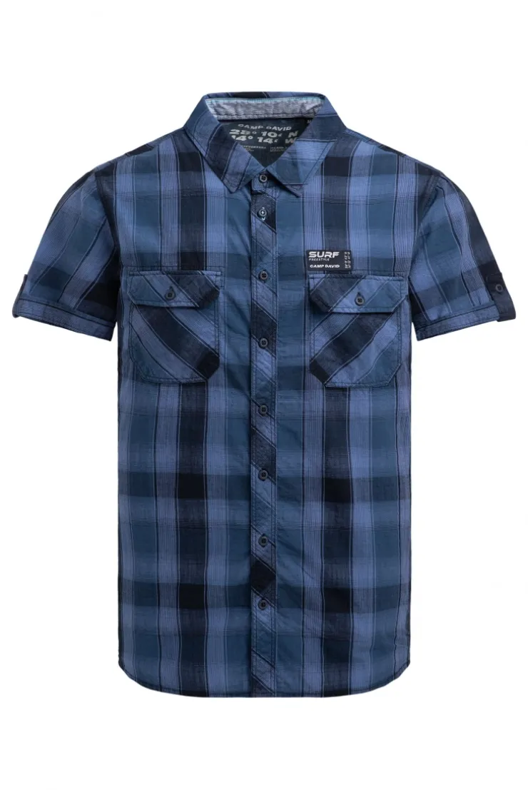 Karohemd Kurzarm mit Klappentaschen und Back - Print harbour blue