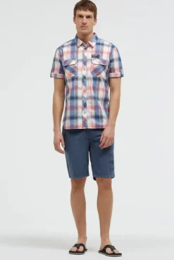 Karohemd Kurzarm mit Klappentaschen und Back-Print flame orange