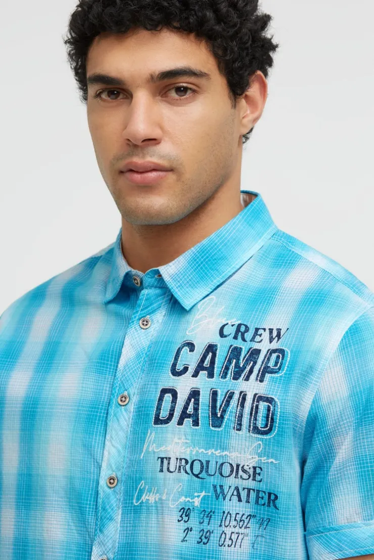 Karohemd Kurzarm mit Logo Print und Stickereien aqua