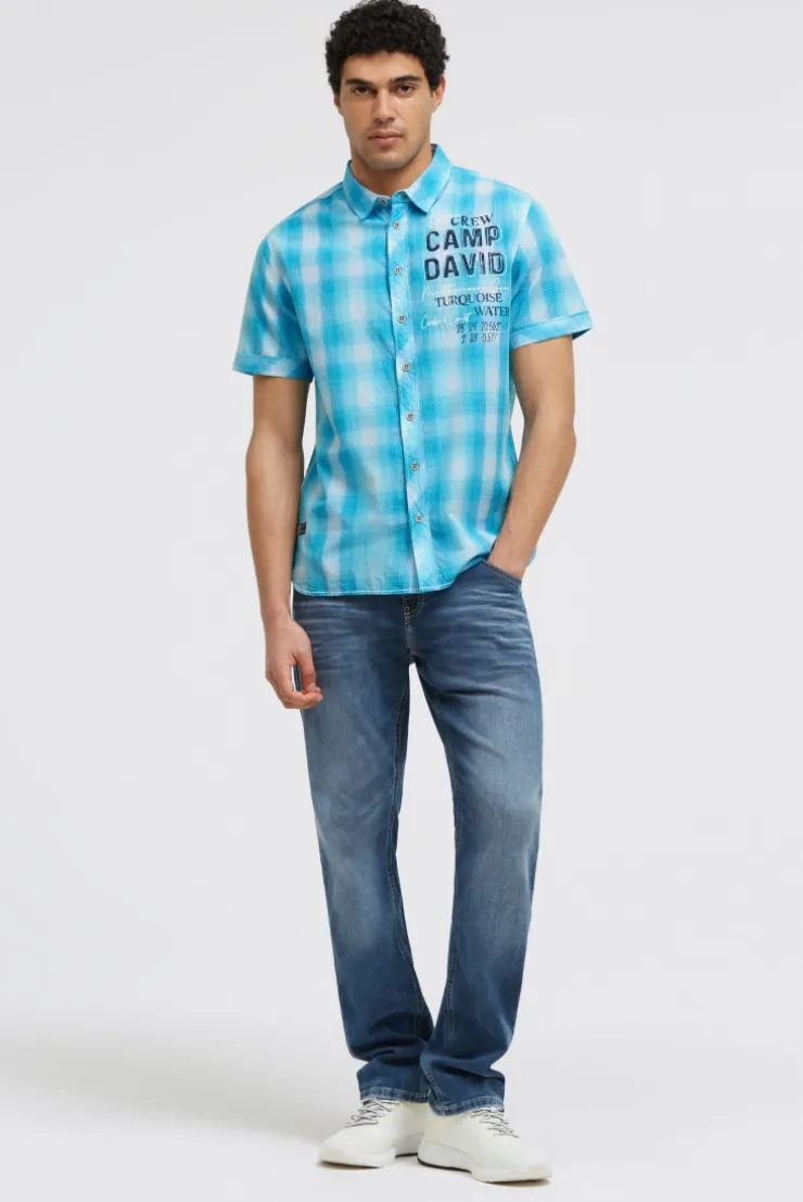 Karohemd Kurzarm mit Logo Print und Stickereien aqua