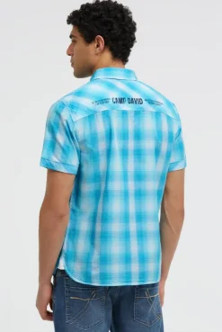Karohemd Kurzarm mit Logo Print und Stickereien aqua