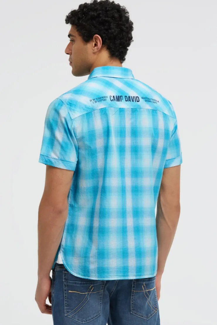 Karohemd Kurzarm mit Logo Print und Stickereien aqua