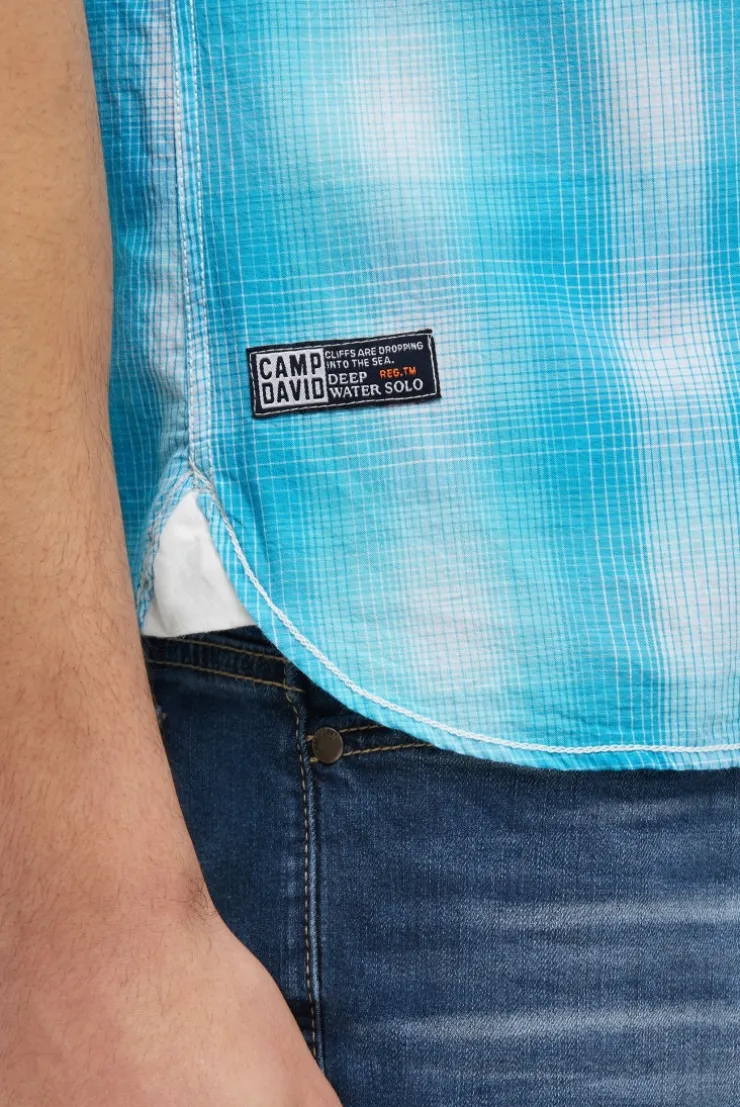 Karohemd Kurzarm mit Logo Print und Stickereien aqua