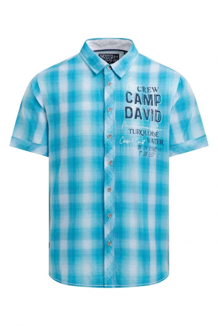 Karohemd Kurzarm mit Logo Print und Stickereien aqua