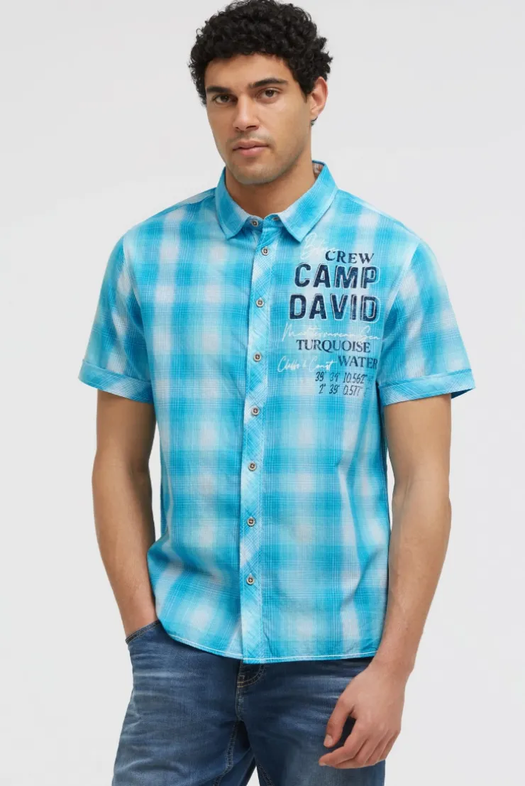 Karohemd Kurzarm mit Logo Print und Stickereien aqua