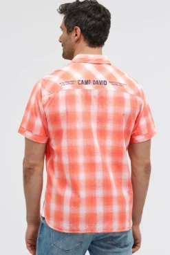 Karohemd Kurzarm mit Logo Print und Stickereien flame orange