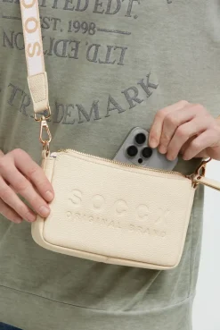 Kleine Umhängetasche mit Logo und Intarsia-Webriemen old sand