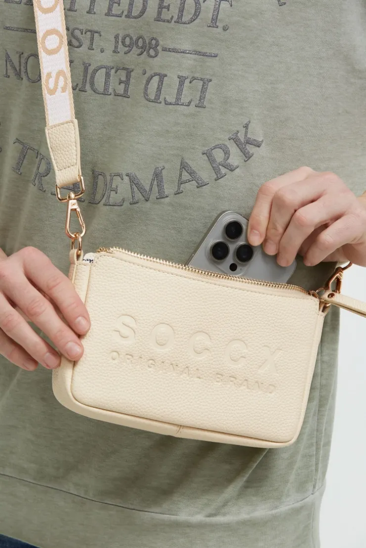 Kleine Umhängetasche mit Logo und Intarsia-Webriemen old sand