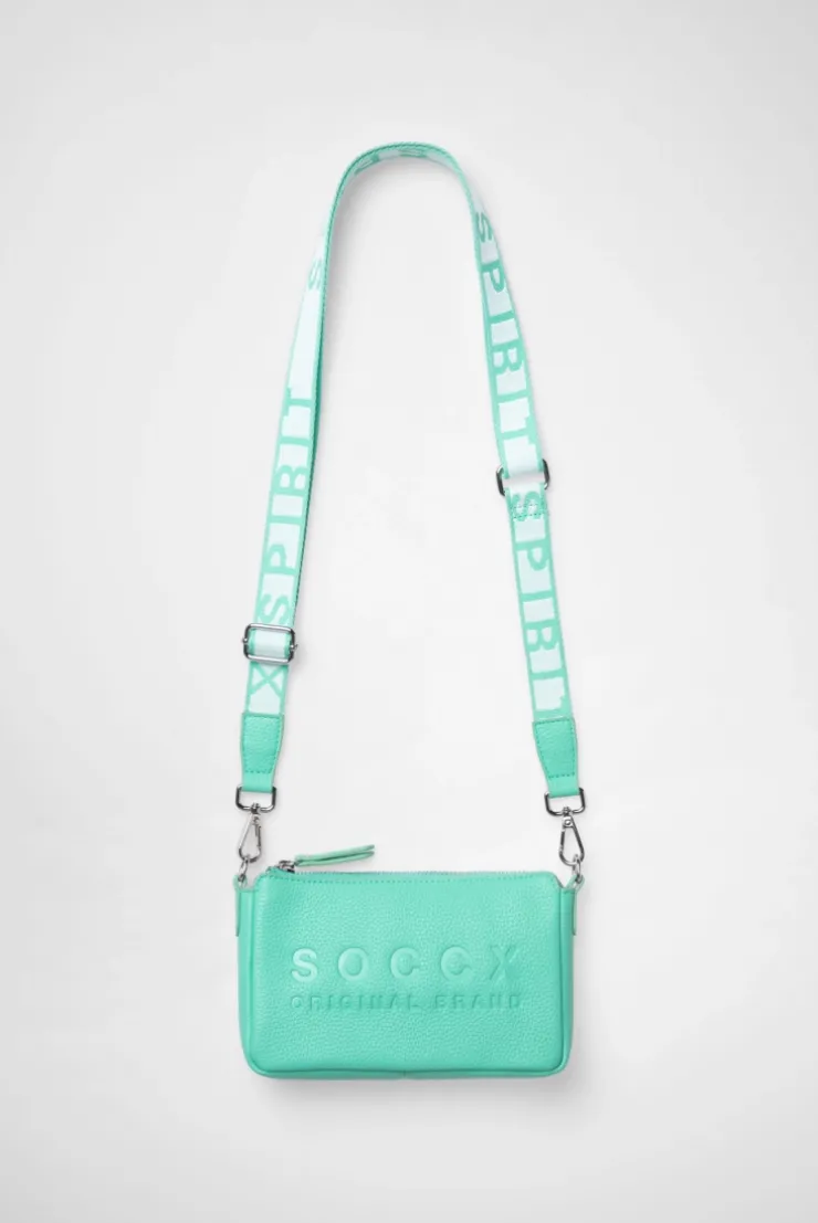 Kleine Umhängetasche mit Logo und Intarsia-Webriemen misty mint