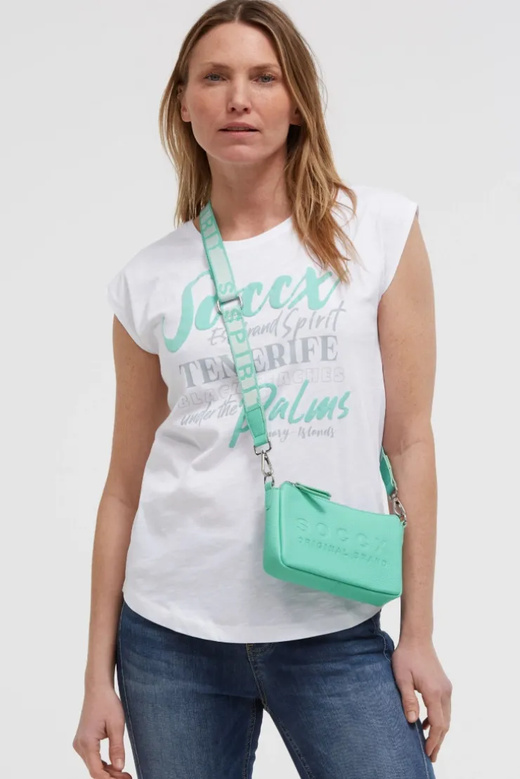 Kleine Umhängetasche mit Logo und Intarsia-Webriemen misty mint