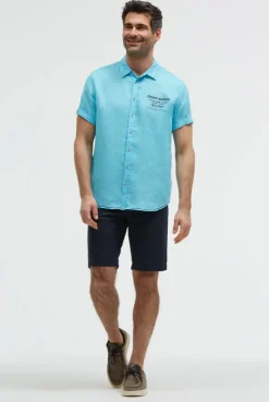 Kurzarmhemd aus Leinen mit Logo Prints aqua