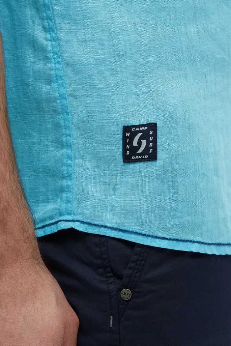 Kurzarmhemd aus Leinen mit Logo Prints aqua