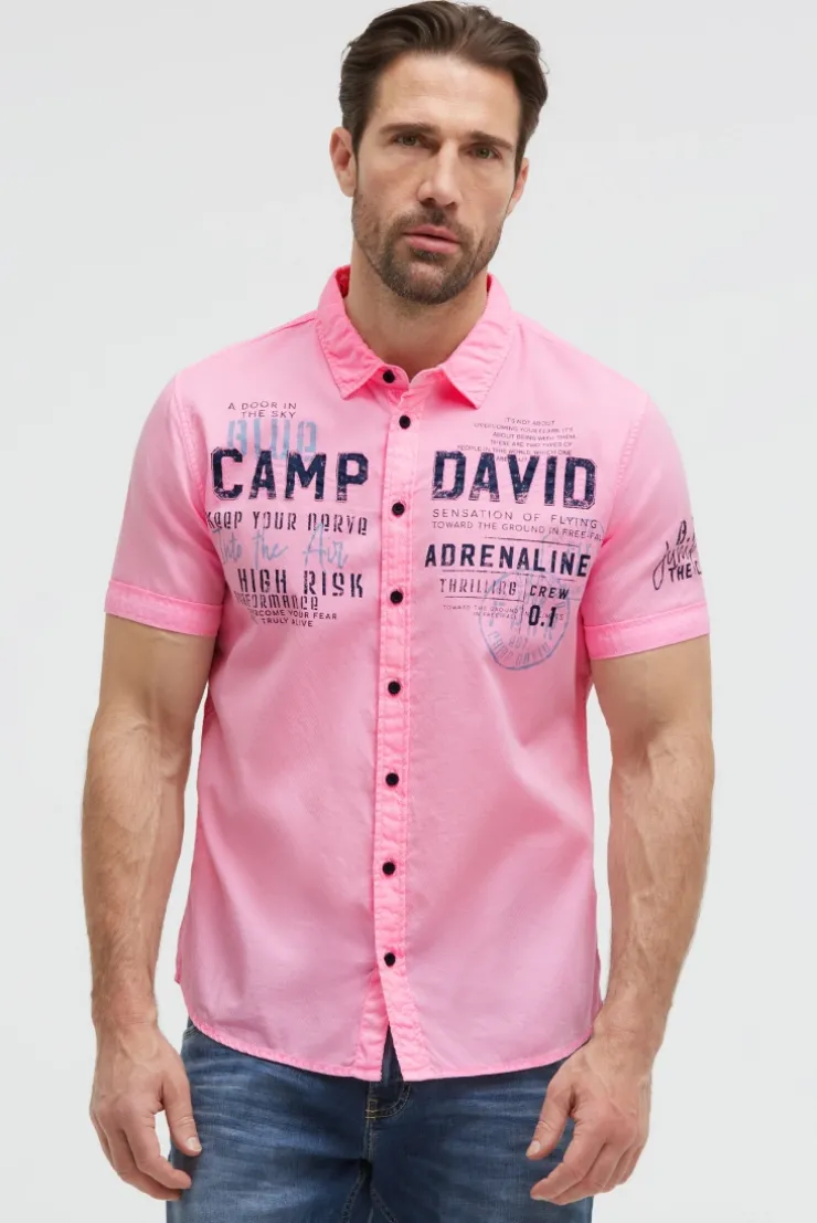 Kurzarmhemd mit Webstreifen und Artworks neon pink
