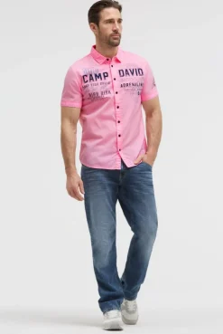 Kurzarmhemd mit Webstreifen und Artworks neon pink