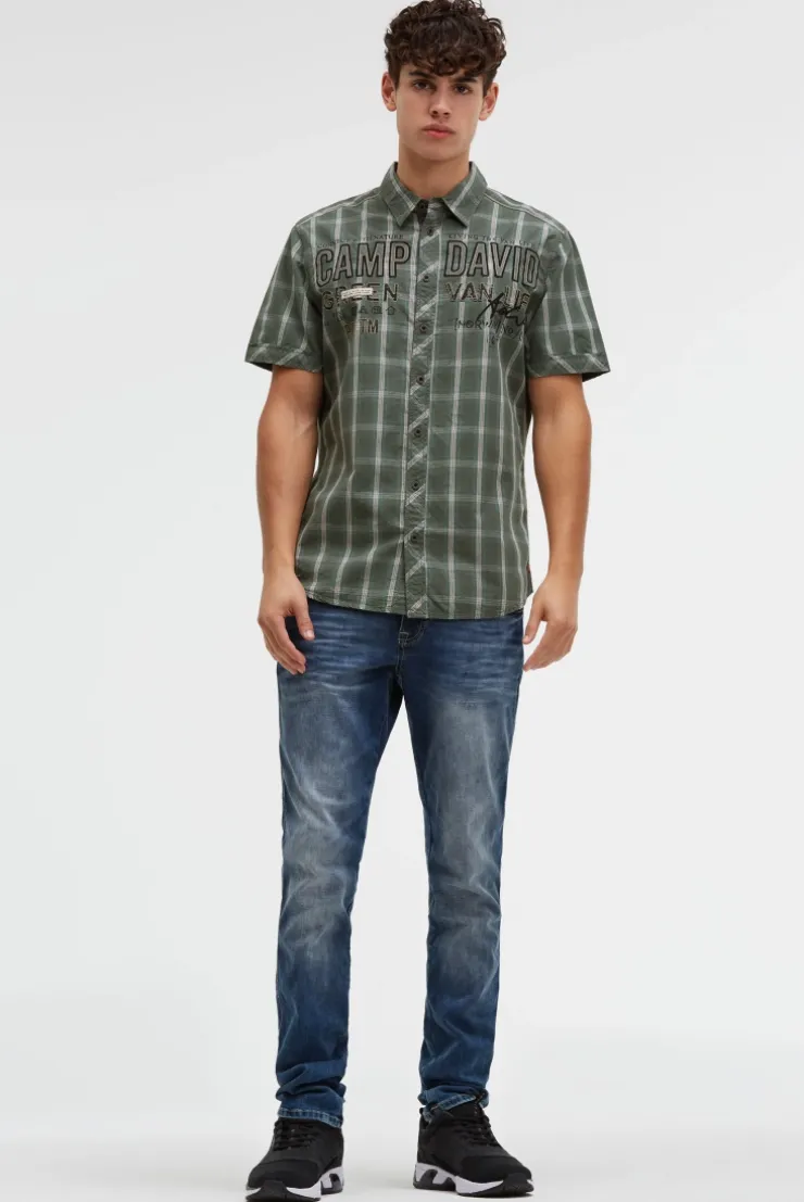 Kurzarm Karohemd mit Logo-Applikationen dusty green