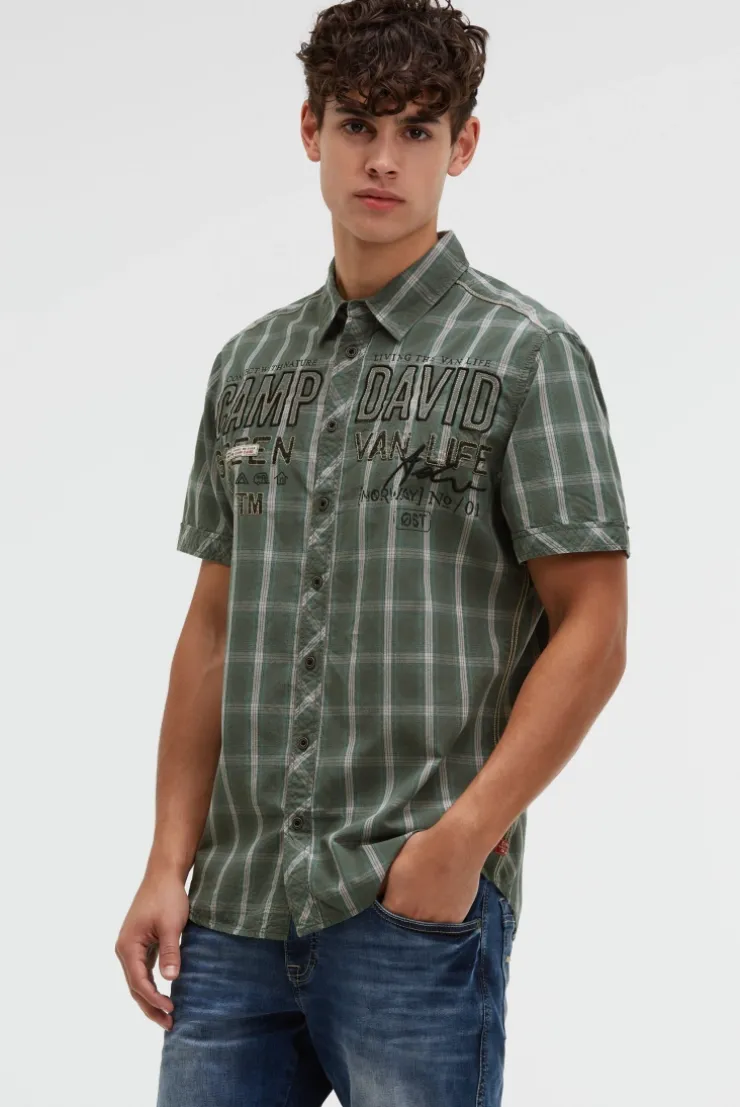 Kurzarm Karohemd mit Logo-Applikationen dusty green