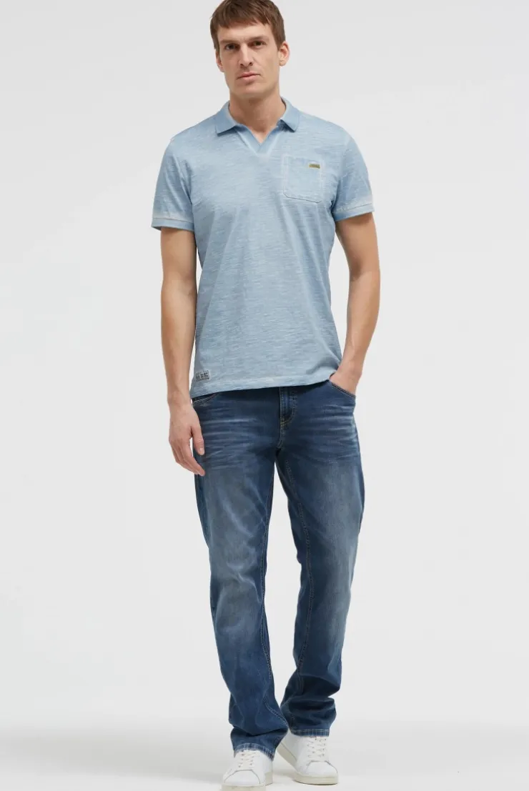 Kurzarmpolo mit V-Neck und Back-Print silver blue