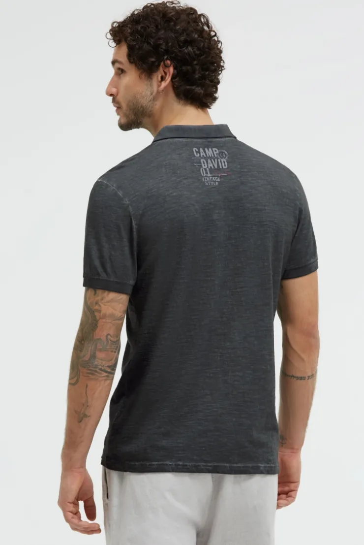 Kurzarmpolo Oil Dyed mit Logo Print black