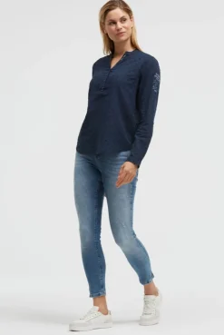 Langarmbluse mit Tunika-Ausschnitt und Prints blue navy