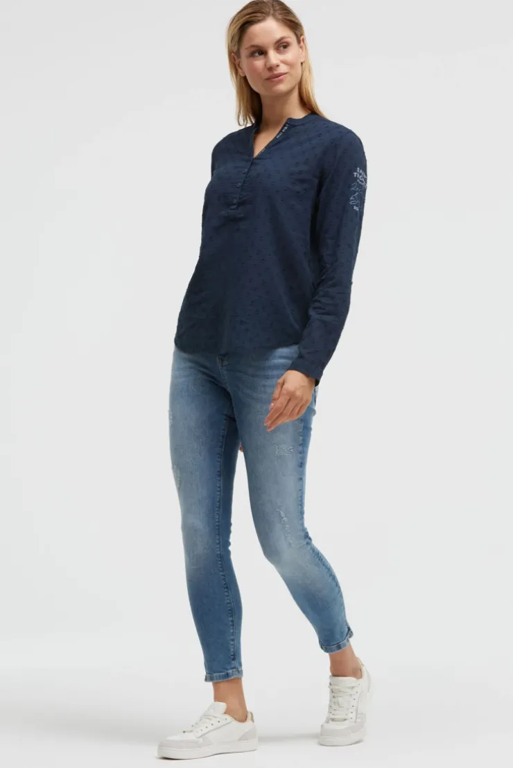 Langarmbluse mit Tunika-Ausschnitt und Prints blue navy