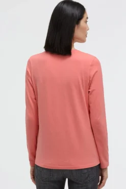 Langarmshirt mit V-Ausschnitt und Wording Print apricot sunset