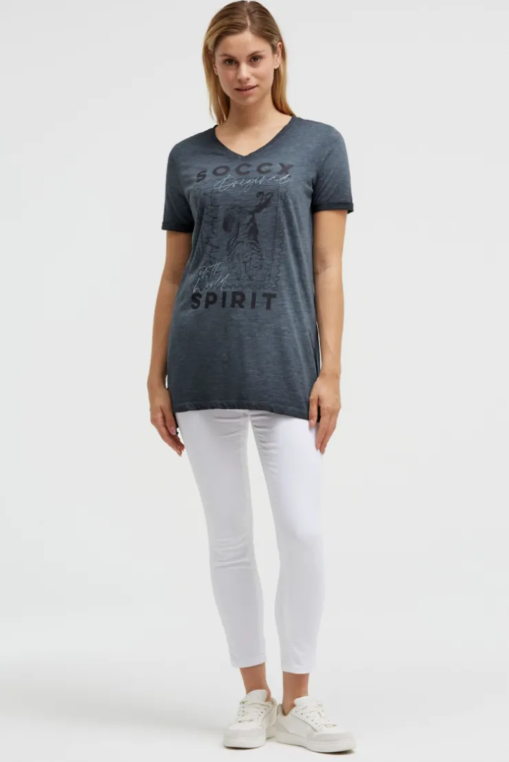Langes T-Shirt mit Seitenraffung und Print blue navy