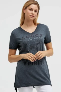 Langes T-Shirt mit Seitenraffung und Print blue navy