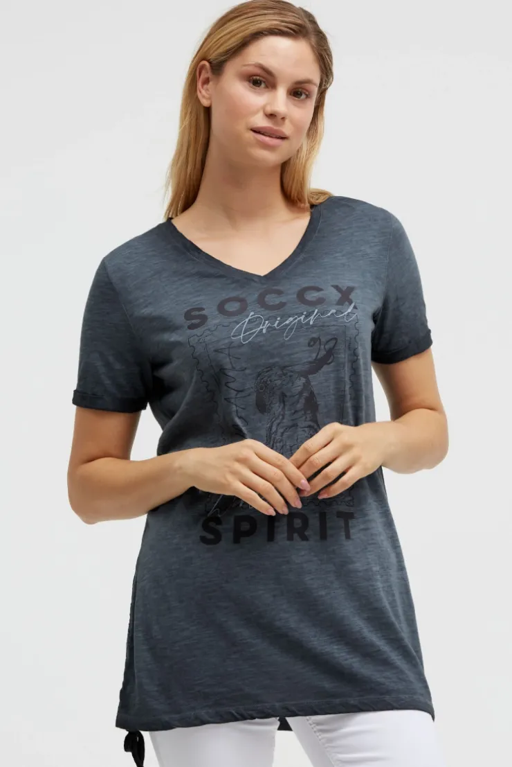Langes T-Shirt mit Seitenraffung und Print blue navy