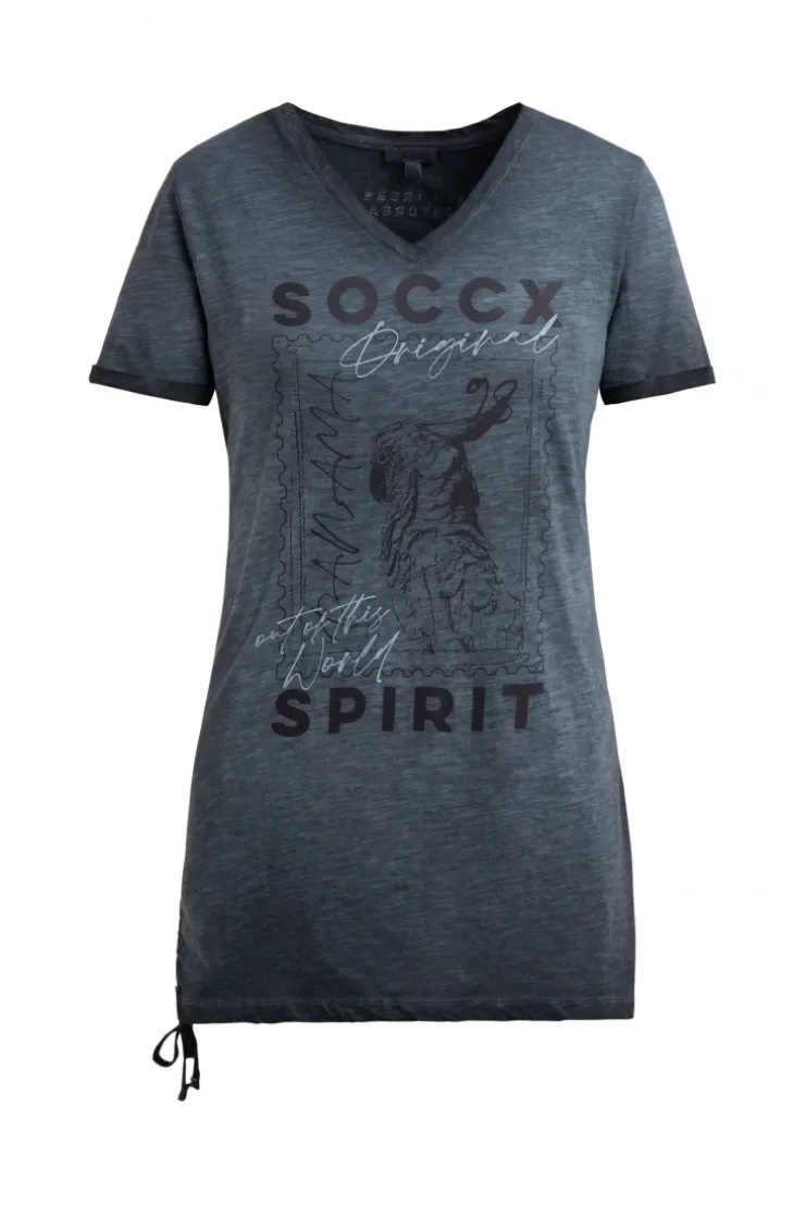 Langes T-Shirt mit Seitenraffung und Print blue navy