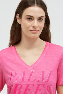 Langes T-Shirt mit Seitenraffung und Print neon magenta