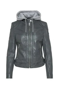 Lederjacke im Biker-Stil mit Kapuzeneinsatz dark green | S
