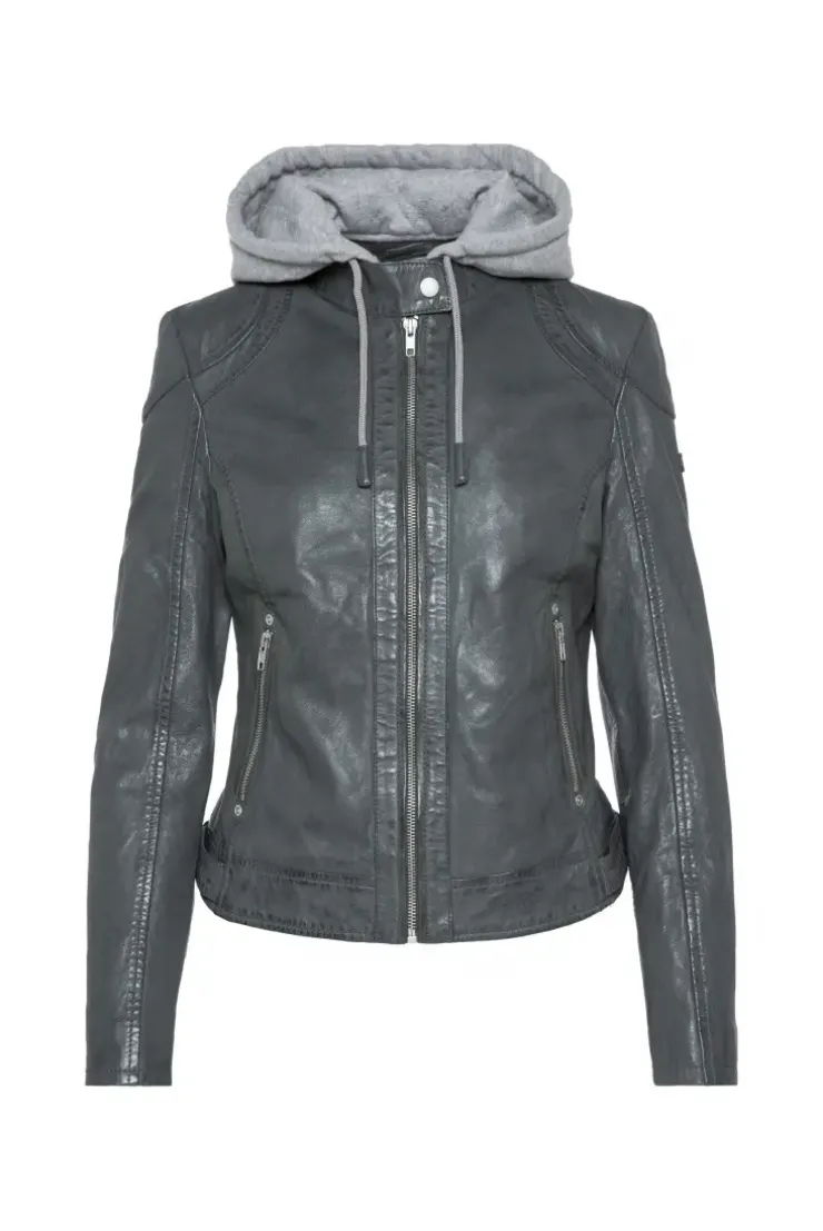 Lederjacke im Biker-Stil mit Kapuzeneinsatz dark green | S