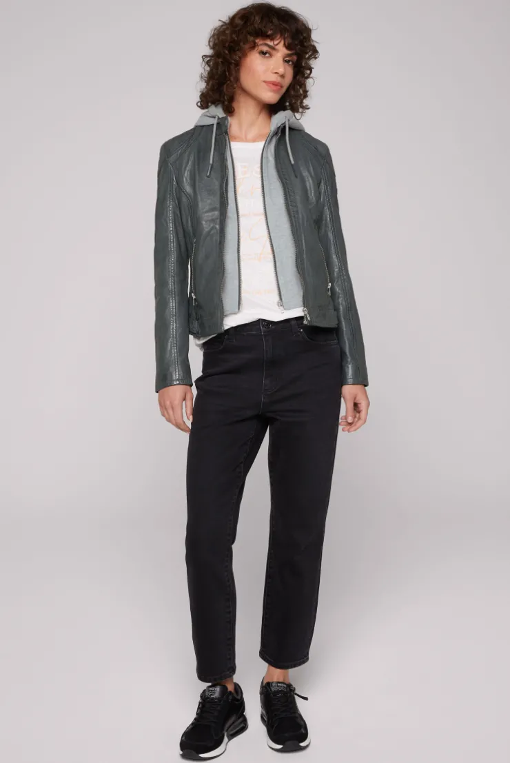 Lederjacke im Biker-Stil mit Kapuzeneinsatz dark green | S