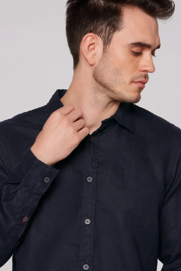 Leinenhemd Langarm Muscle Fit blue navy