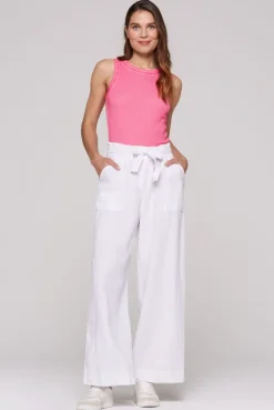 Leinenhose mit weitem Bein und Bindegürtel opticwhite