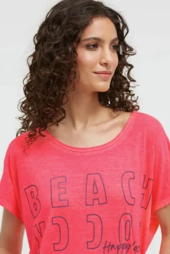 Longshirt mit Ausbrenner-Effekten und Glitter Logo neon coral
