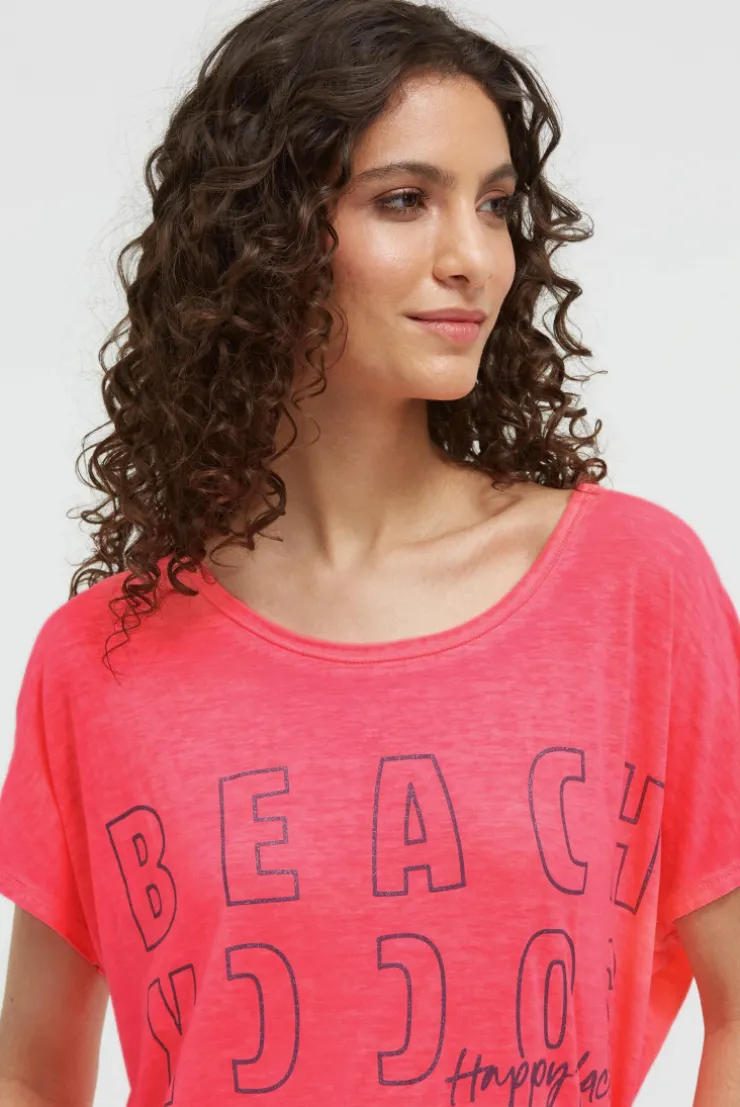 Longshirt mit Ausbrenner-Effekten und Glitter Logo neon coral