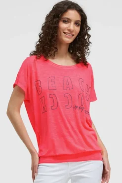 Longshirt mit Ausbrenner-Effekten und Glitter Logo neon coral
