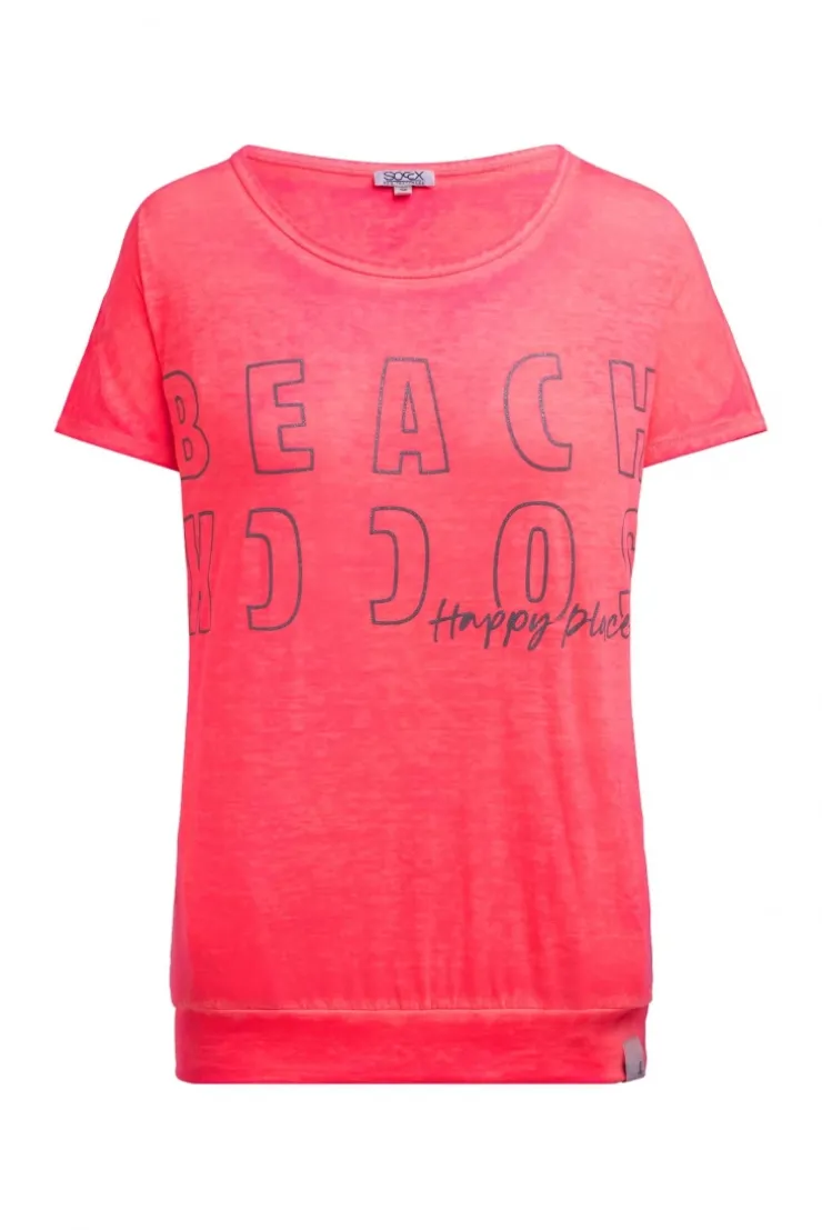 Longshirt mit Ausbrenner-Effekten und Glitter Logo neon coral