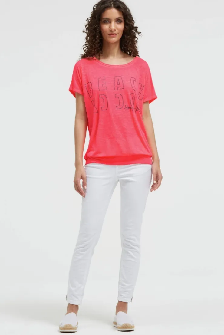 Longshirt mit Ausbrenner-Effekten und Glitter Logo neon coral