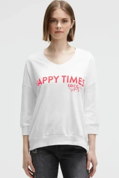 Oversized Sweatshirt mit V-Ausschnitt und Print opticwhite